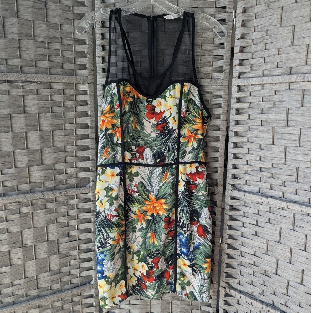 Lush Mini Dress Multicolor Tropical Floral Mesh Racerback Sz S Hawaiian Bodycon